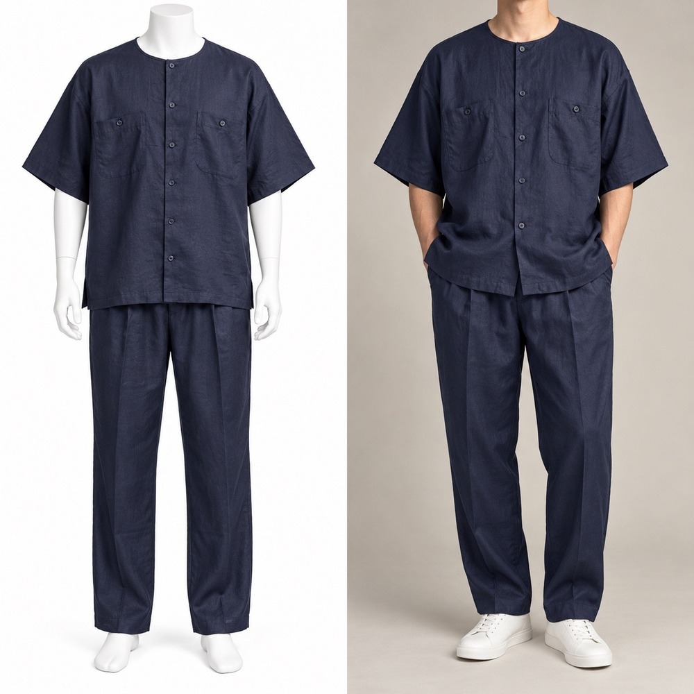 Godbody Collection Linen Set Mens XL 36 Navy Blue Short Sleeve Shirt Pants NWT